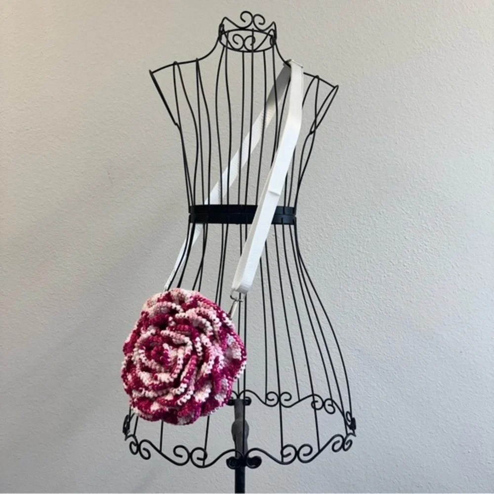 Pink & White Hand Crocheted Rose Purse